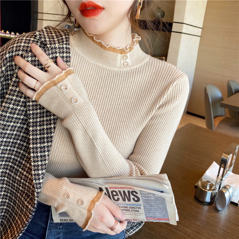 Áo sweater ZHELIHANGFEI dệt kim tay dài cổ lọ phối ren thời trang cho nữ