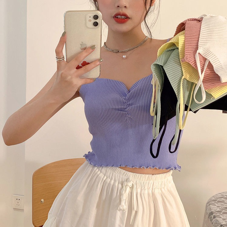 Áo hai dây ZHELIHANGFEI dệt kim màu sắc đơn giản quyến rũ thời trang cho nữ