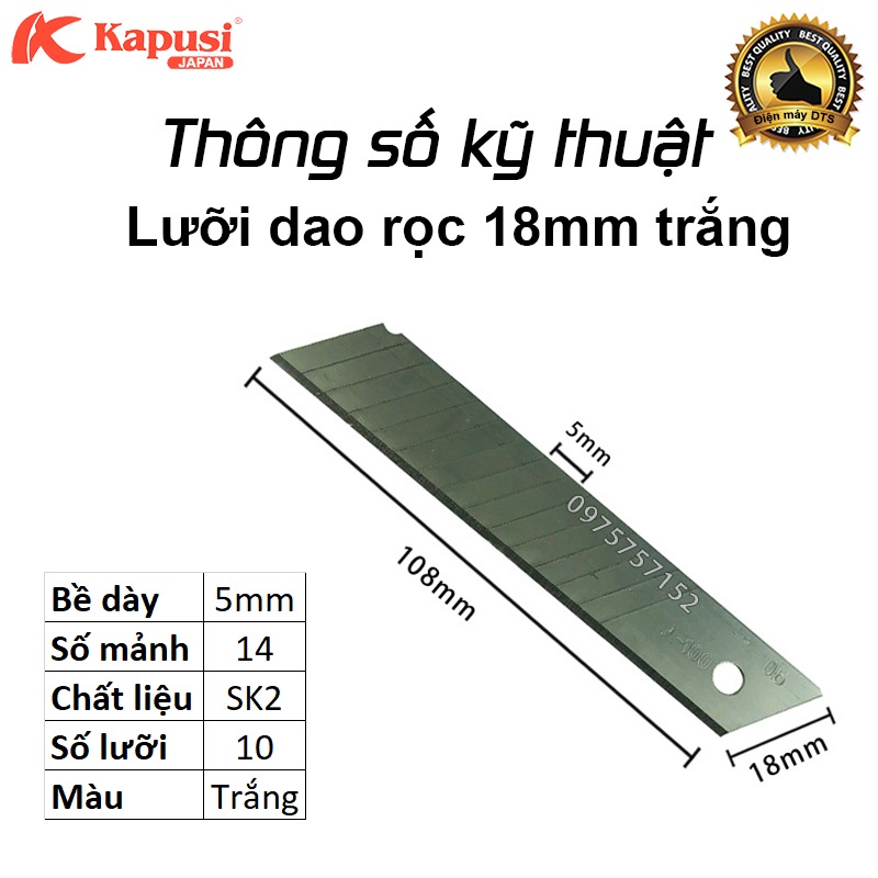 Bộ 10 lưỡi dao rọc đa năng thép Nhật Kapusi JAPAN 18mm, lưỡi dao rọc giấy, cắt thùng bìa carton, rọc băng dính