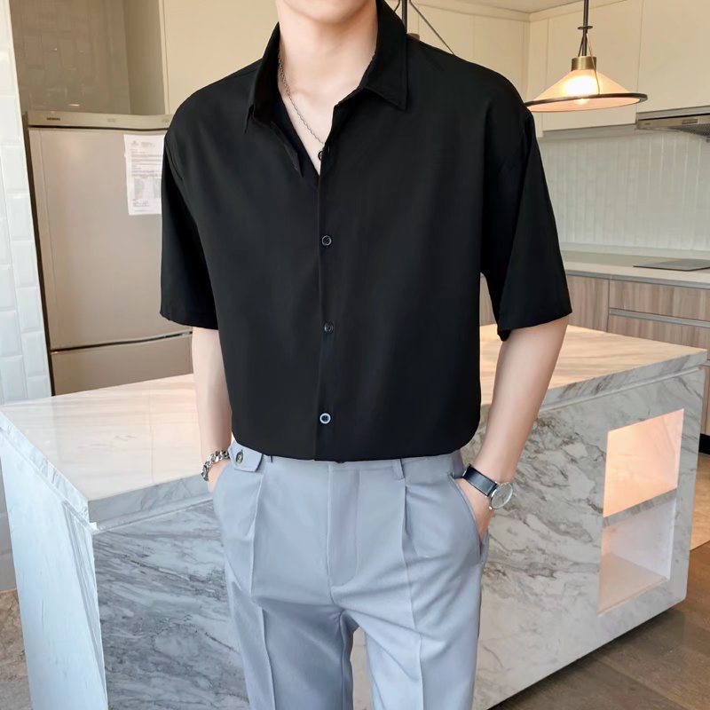 Áo Sơ Mi Tay Ngắn Dáng Rộng Màu Trơn Phong Cách Hàn Quốc Thời Trang Mùa Hè Cho Nam Giới Có 4 Màu Size M-2XL