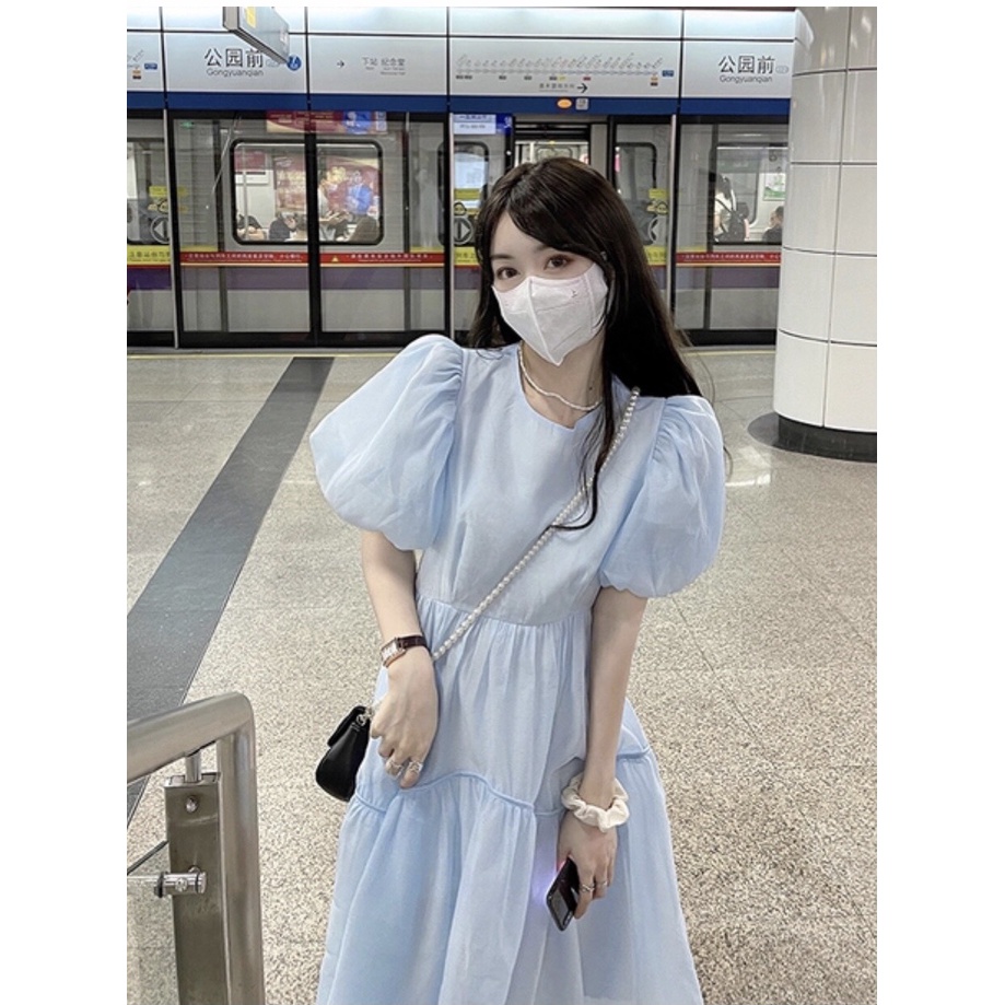 Đầm babydoll voan tầng 2 lớp tay bồng siêu xinh -Váy babydoll cổ tròn dáng dài
