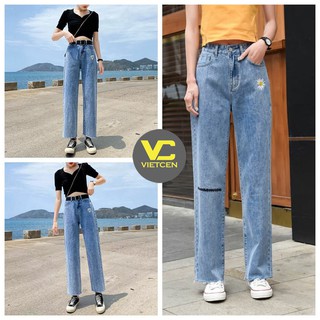 Quần bò ống rộng nữ cạp cao HOA CÚC quần jean ống rộng lưng cao tôn dáng - VIETCEN