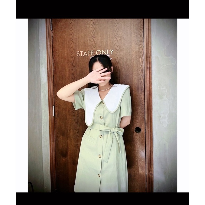 (SALE)Váy suông dáng bút chì màu xanh mint, cổ cách điệu, dây thắt luưng và 2 túi tiện lợi. Đầm tay ngắn có nút doc thân