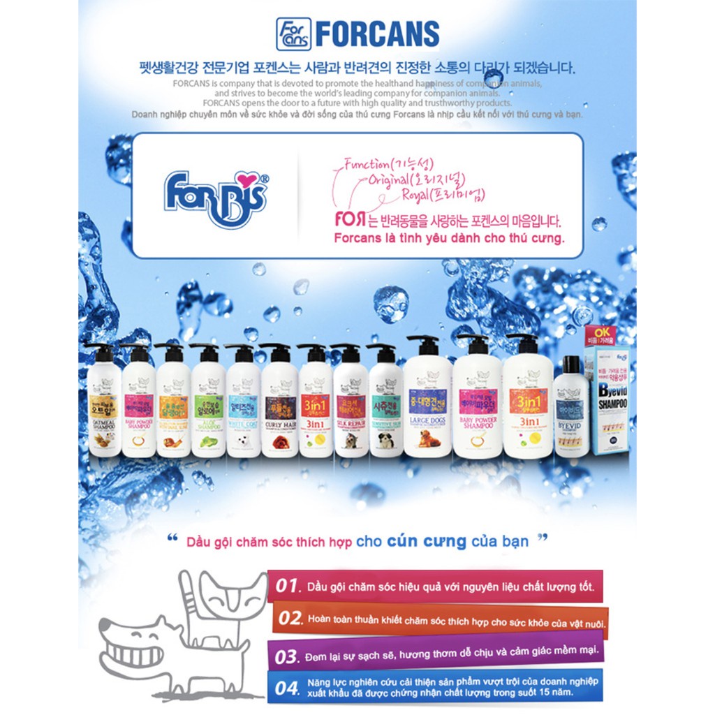 Sữa tắm cho chó poodle Forcans 550ml, xà phòng lông trắng gội xả tắm lông xoăn gỡ rối suôn mềm lông Con Mèo Xiêm