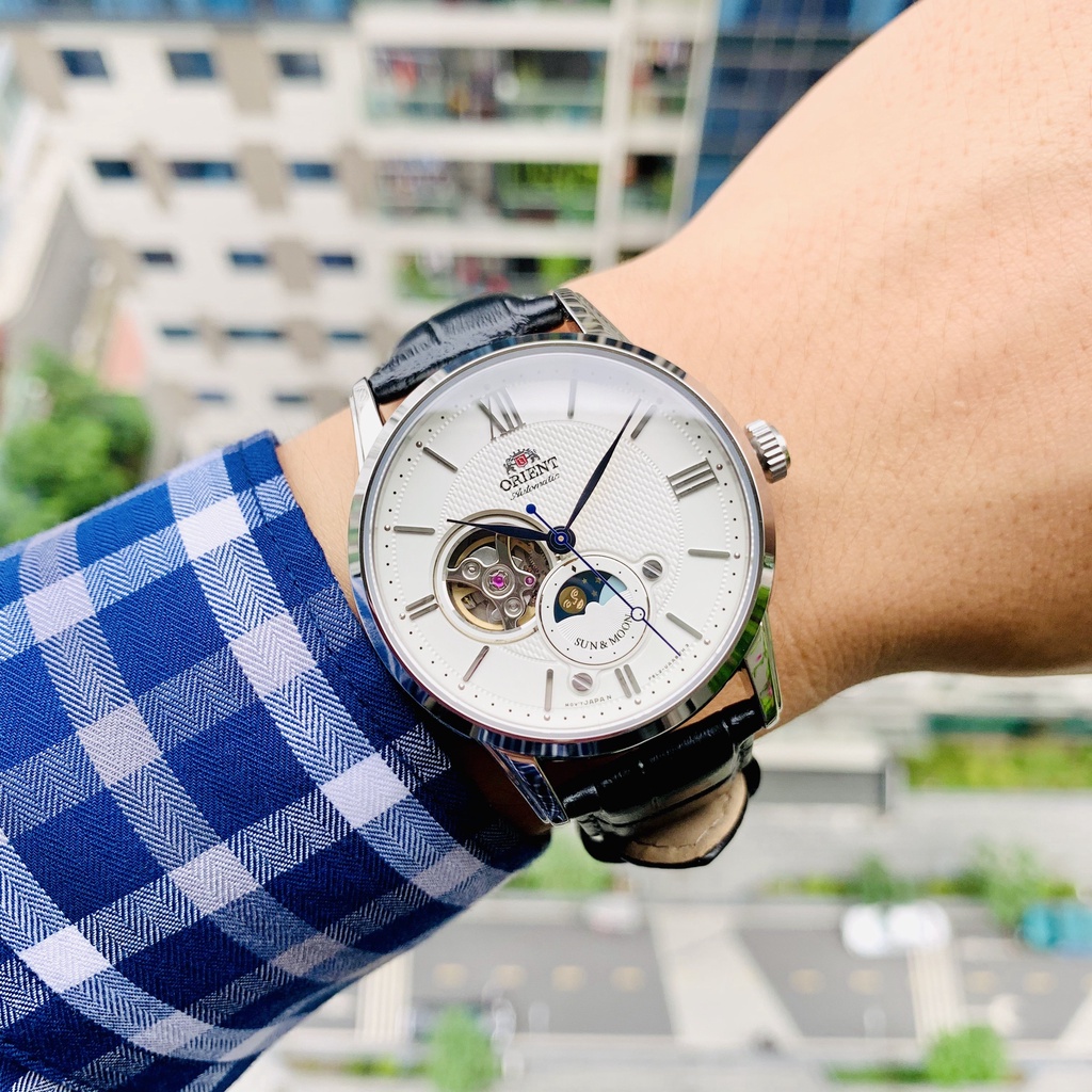 Đồng hồ nam chính hãng Orient SunMoon OpenHeart White RA-AS0005S - Máy cơ tự động - Kính Sapphire - Dây da