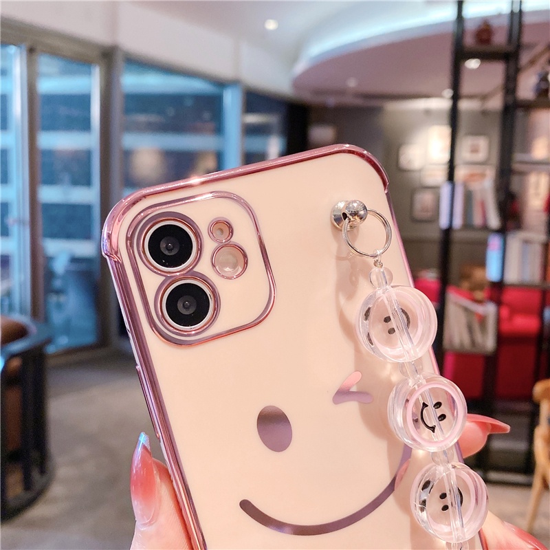 Ốp Điện Thoại Dẻo In Hình Mặt Cười Mạ Sang Trọng Có Dây Đeo Tay Cho iPhone 13 11 Pro 12 Mini 7 8 Plus X XR XS Max SE2