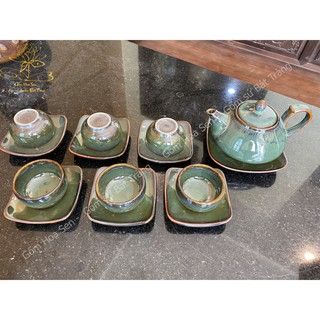 Bộ ấm trà Bát Tràng men hỏa biến ngọc lục bảo dáng giỏ cua