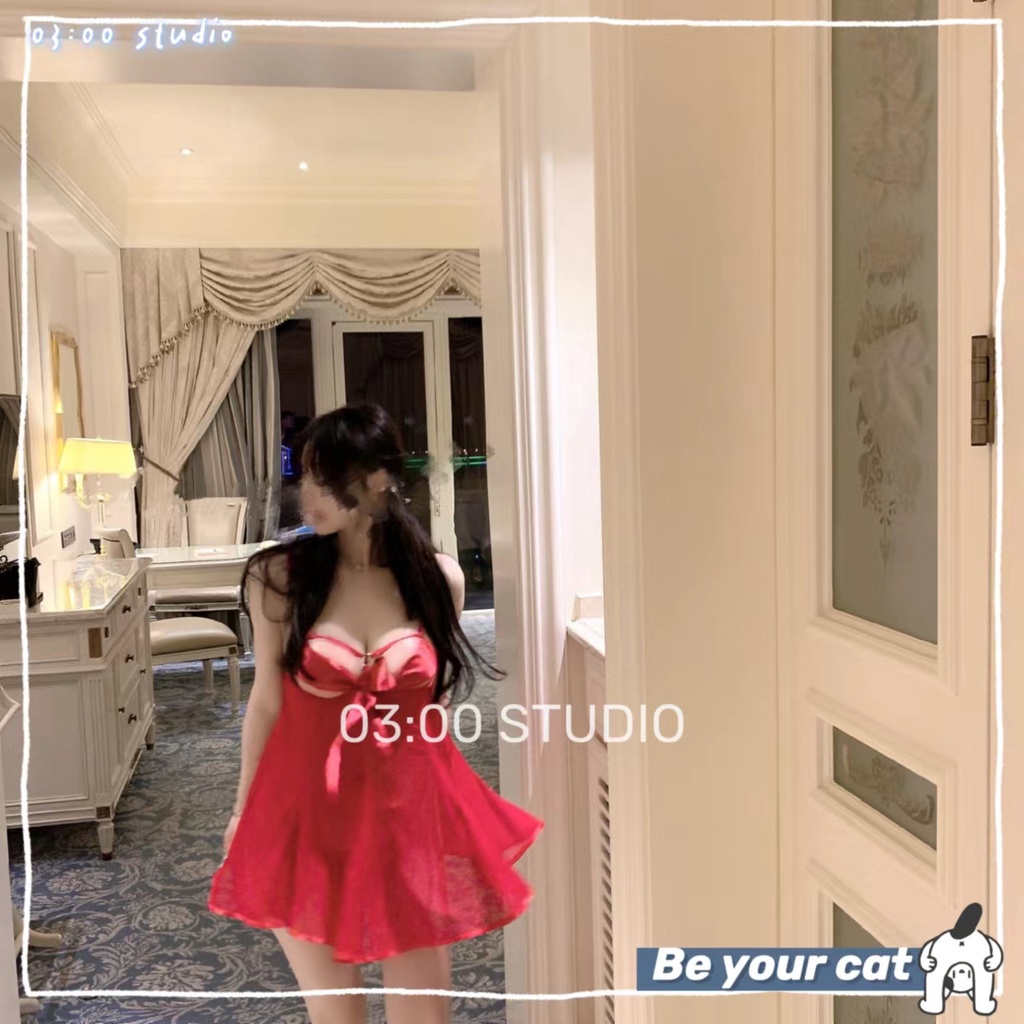 （Giao hàng bảo mật）🦁Váy ngủ sexy nữ🦁2 dây ren đầm ngủ nữ xuyên thấu gợi cảm nơ ngực quyến rũ kèm 40-65kg--012