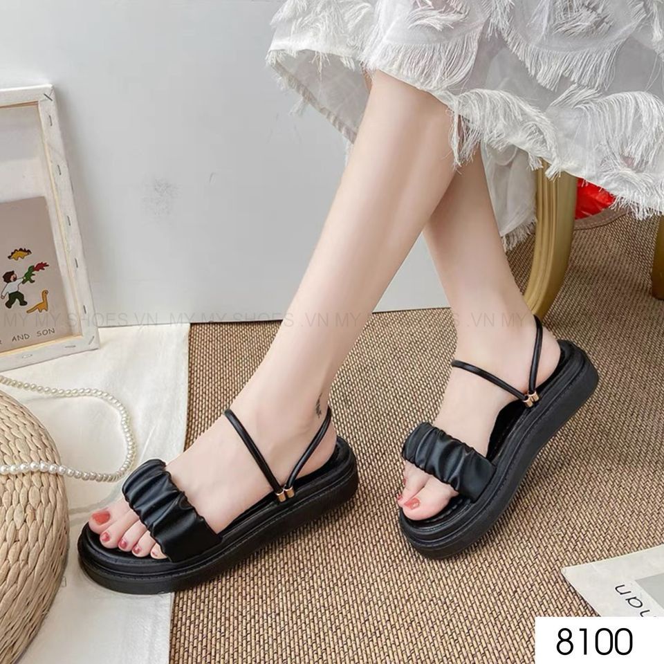 8100 Sandal da lì quai nhún chốt chỉnh dây đế bánh mì 3p