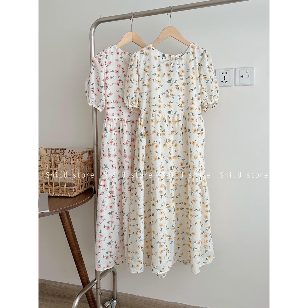 Váy hoa nhí babydoll tay bồng dáng dài 2 lớp chất voan mềm mịn đầm hoa xoè Ulzzang 2 Màu xinh xắn