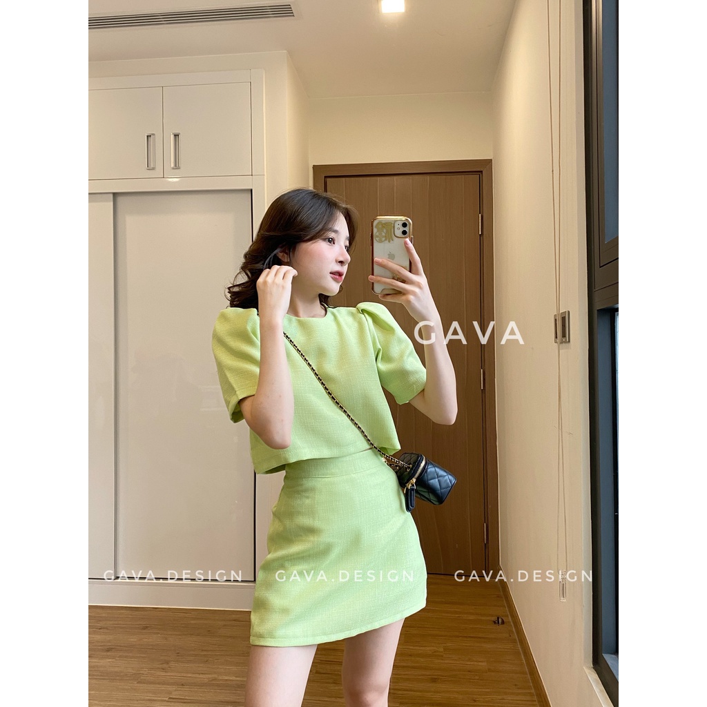 Set tay phồng croptop chân váy dáng A tôn dáng