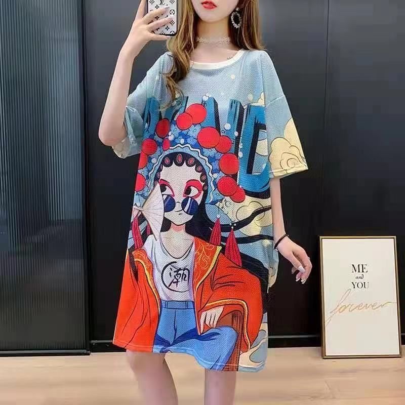 【Plus Size】(40-100kg) Đầm Lưới Tay Lửng Khô Nhanh In Hình Khuôn Mặt Người Nổi Tiếng Bắc Kinh Cho Nữ