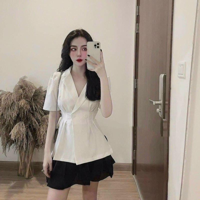 Áo Vest Blazer Tay Phồng Vạt Vuông 2 Màu Đen Trắng Sang Trọng Kèm Chân Váy HB Thiết Kế Thanh Lịch