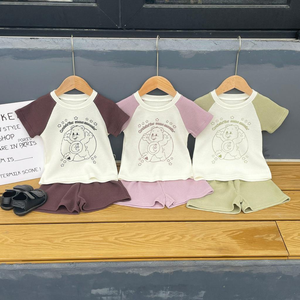 Bộ Áo Thun Tay Ngắn In Hoạt Hình Gấu + Quần Short Thời Trang Mùa Hè Cho Bé