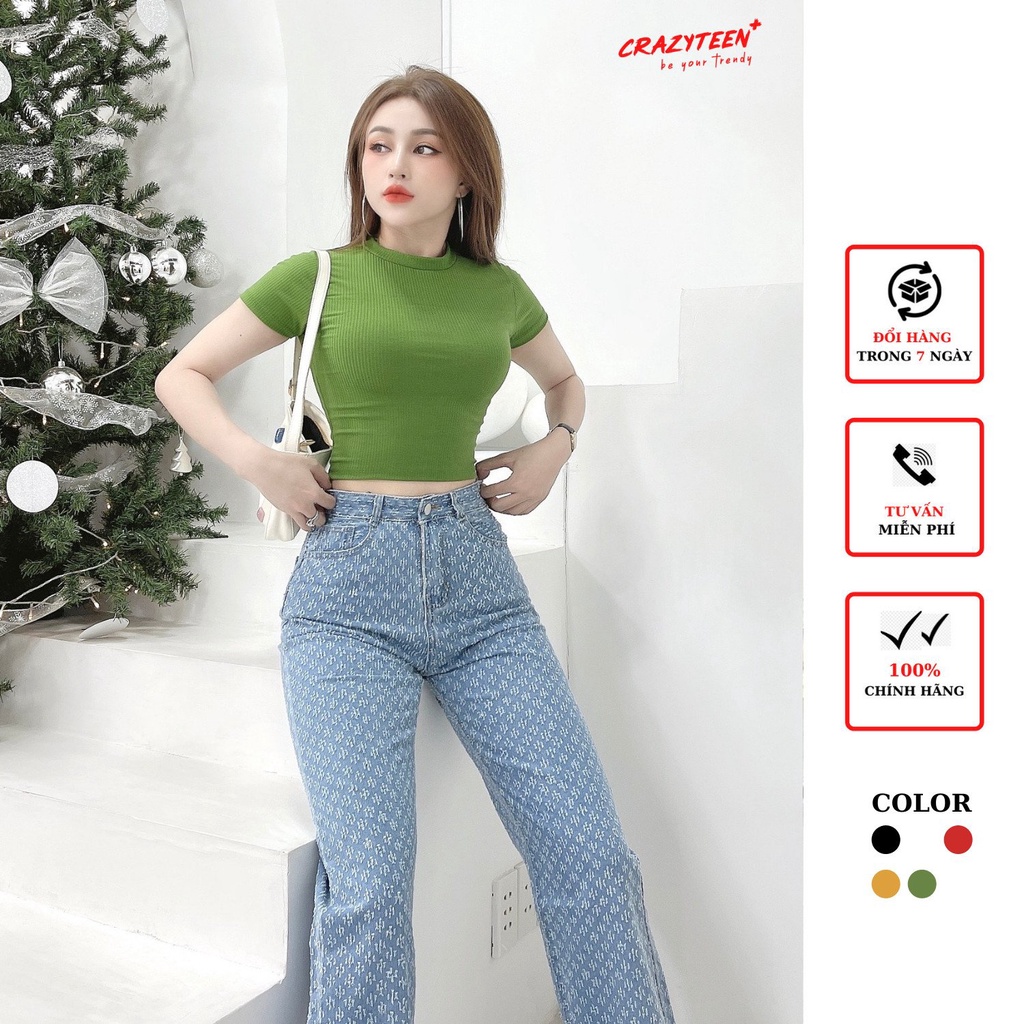 Áo thun croptop nữ CRAZYTEEN cổ tròn tay con AT0220