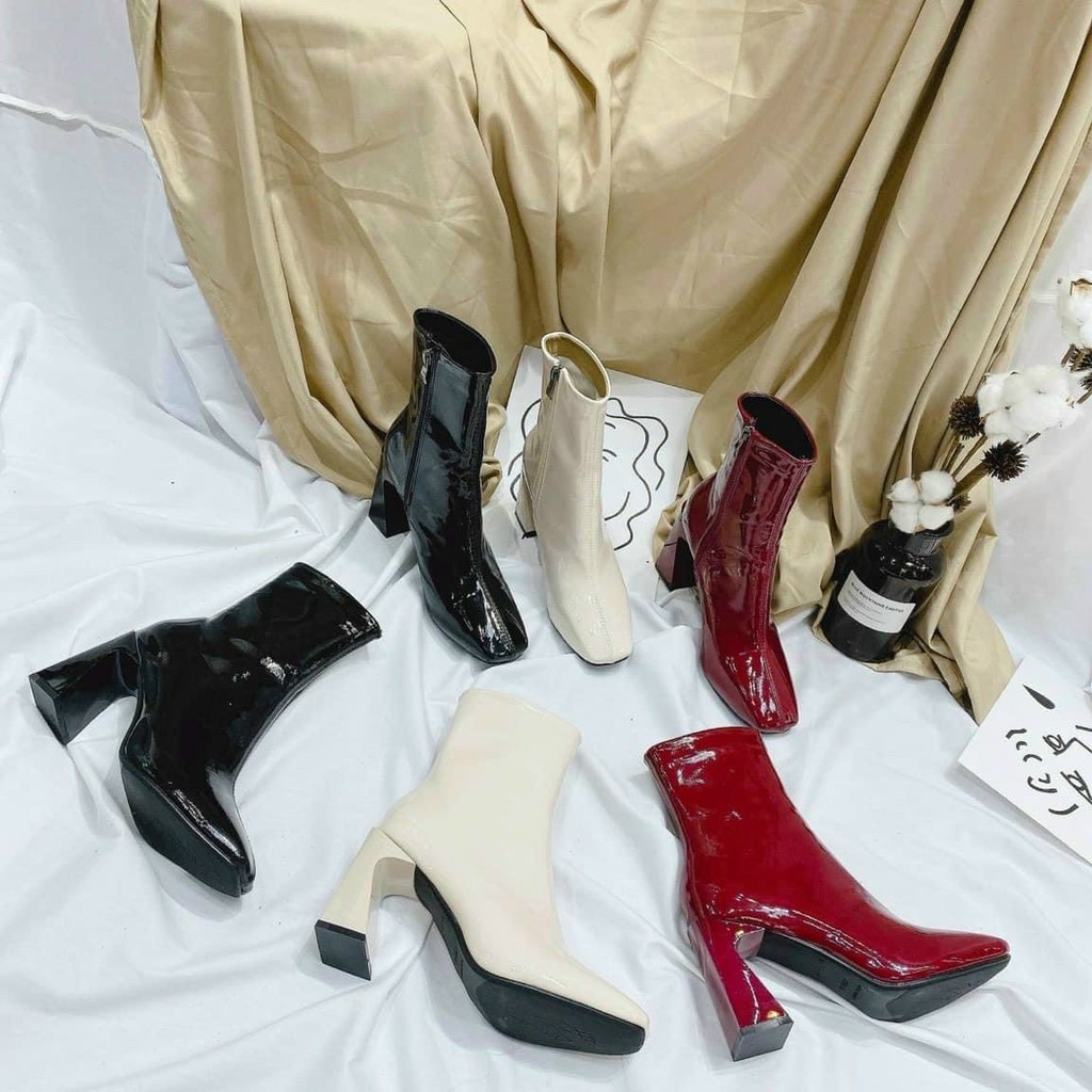 Giày bốt nữ mã 2300 cổ cao da bóng khóa kéo cạnh gót cao 7 cm ulzzang hàn quốc 2021