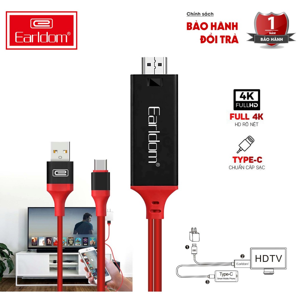 Dây Cáp HDMI Earldom WS8C Type C USB 2m Loại Dẹt tivi, chơi game, máy chiếu, chuẩn full HD - BH 1 Năm - Made in Taiwan