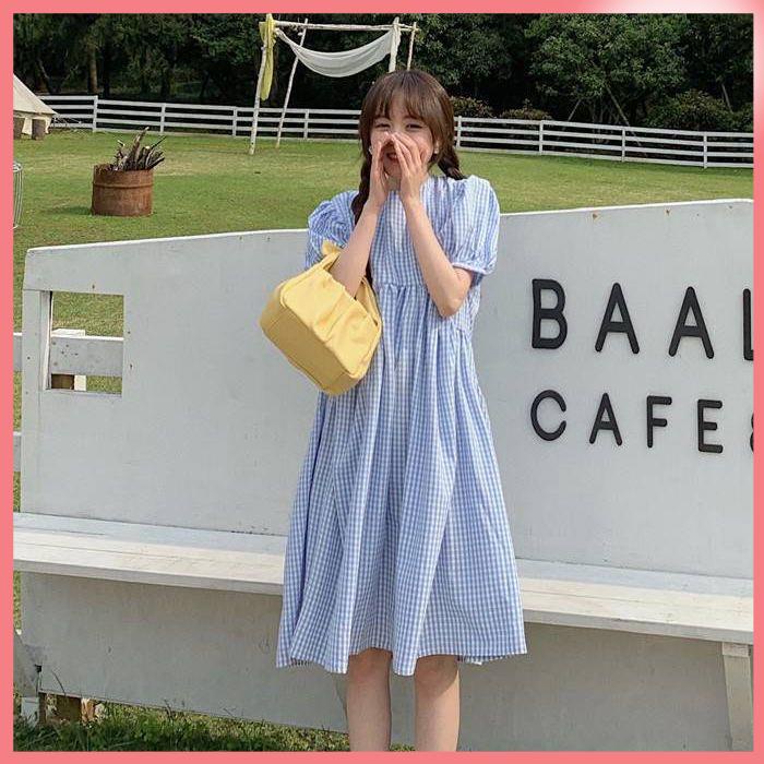 Váy babydoll Đầm Dáng Rộng Tay Phồng Họa Tiết Kẻ Sọc Màu Xanh Dương Ngọt Ngào Phong Cách Hàn Quốc Thời Trang Mùa Hè Cho Nữ