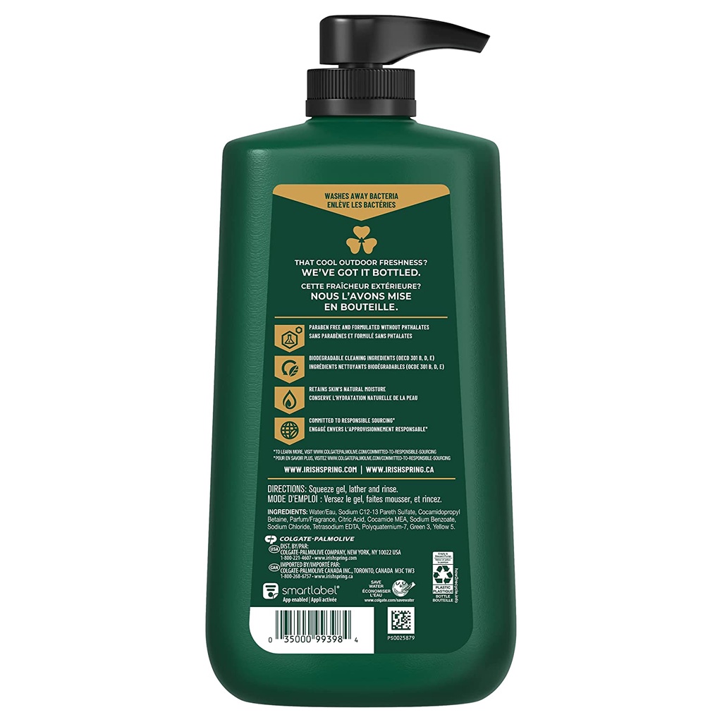 Gel tắm dưỡng ẩm nam Irish Spring Original Clean Body Wash for Men 887ml (Mỹ)