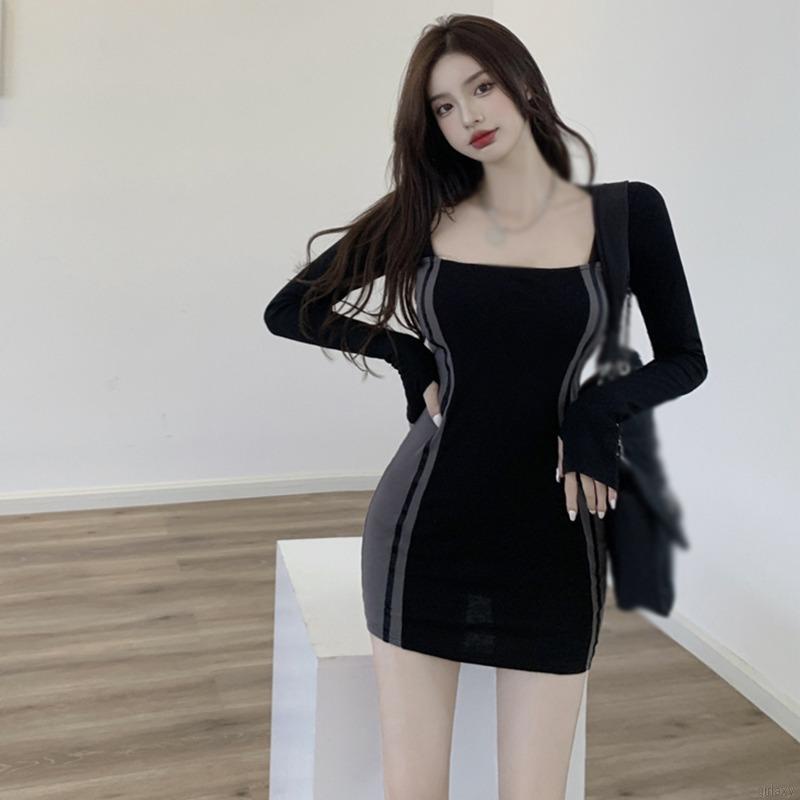 Đầm Body Tay Dài Cổ Vuông Phong Cách Hàn Quốc