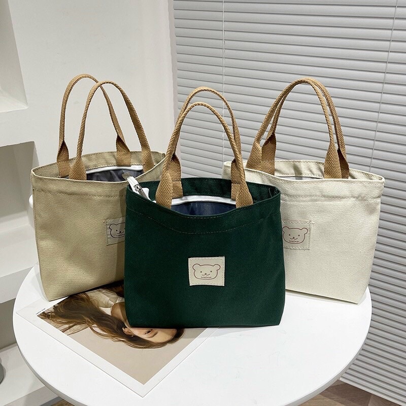 Túi Tote Vải Canvas Phong Cách Nhật Bản Thêu Hình Gấu Dễ Thương