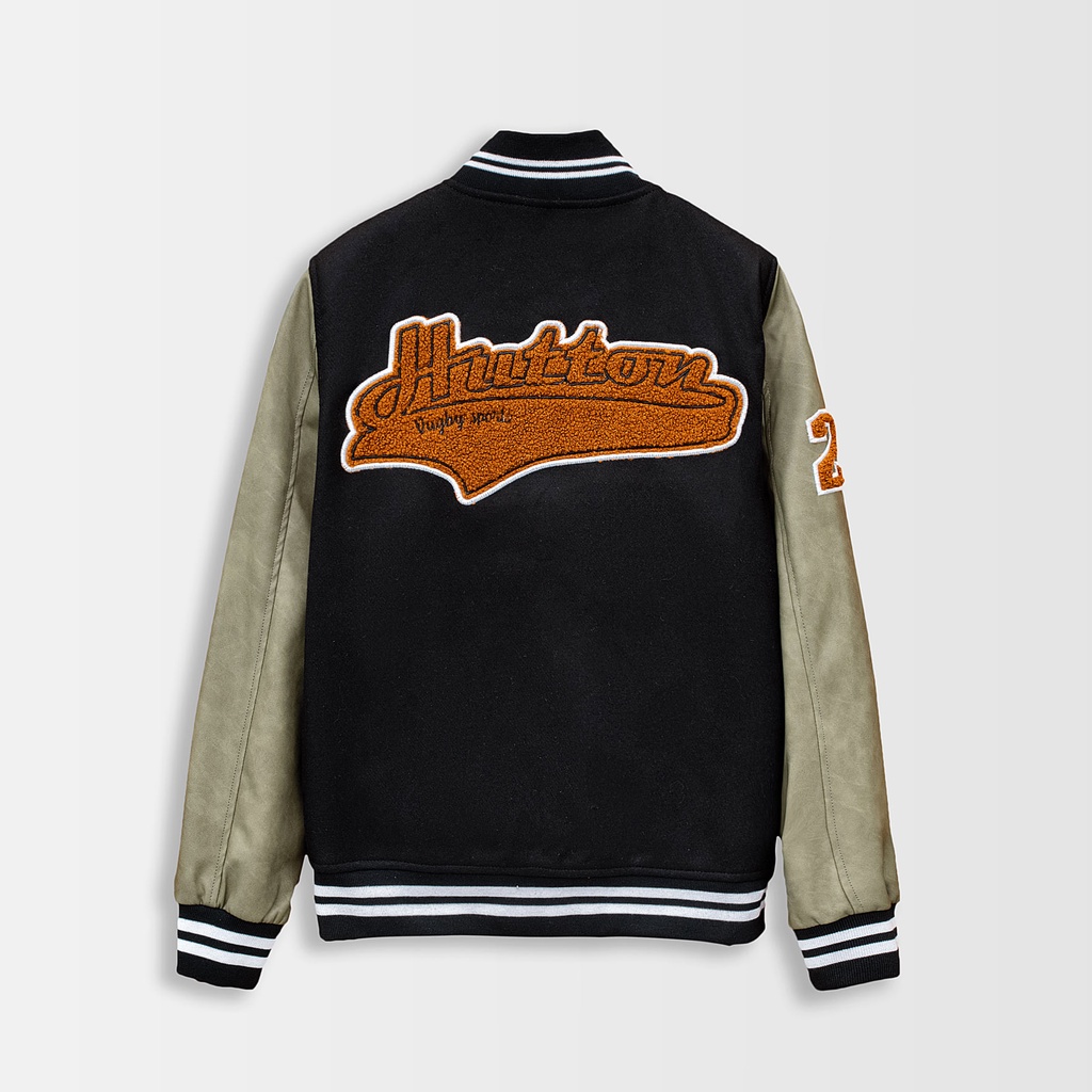 Áo Varsity HUTTON Dạ Đen Thêu R Tay Da Màu Rêu