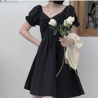 váy nữ babydoll rút dây ngực, đầm dáng xoè nhún ngực cộc tay bồng phối bèo siêu hot mới