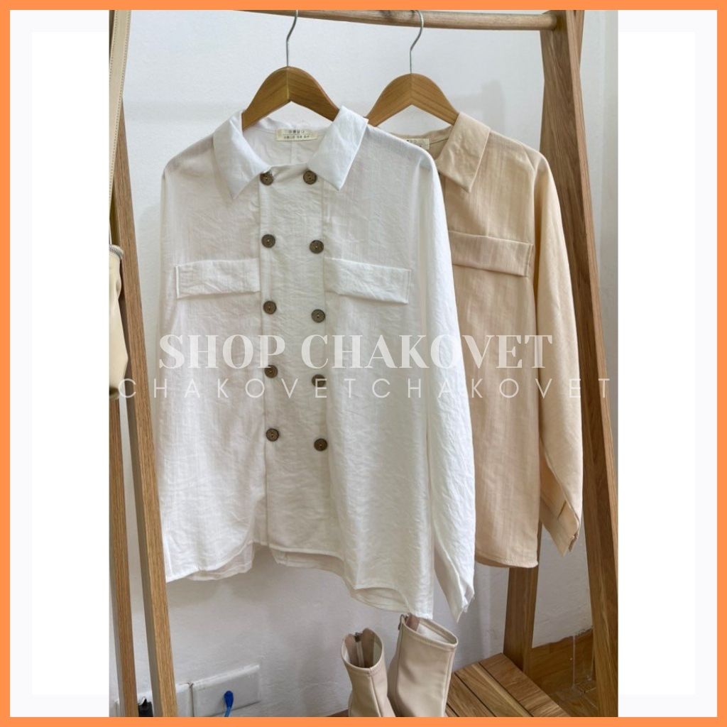 Áo sơ mi nữ dài tay form rộng CKA896, kiểu áo nữ dáng babbydoll thiết kế 2 hàng khuy cúc giả gỗ cổ bẻ, 2 túi giả đẹp lạ