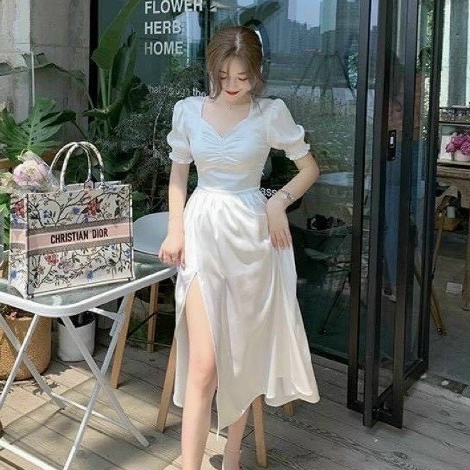 Váy tay ngắn cổ kiểu, chân váy sẻ tà dáng dài maxi cho nàng dự tiệc dạo phố đi biển