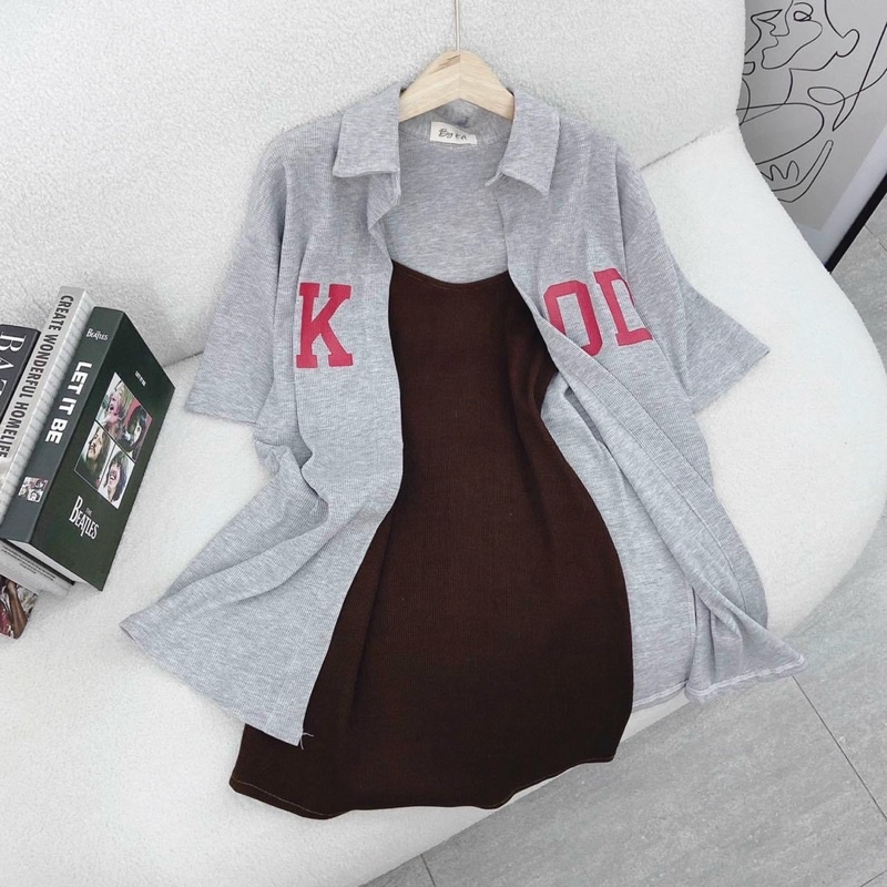Sét đầm body + áo khoác xám thêu chữ from rỗng hottrend 2023 - Bảo An Shop