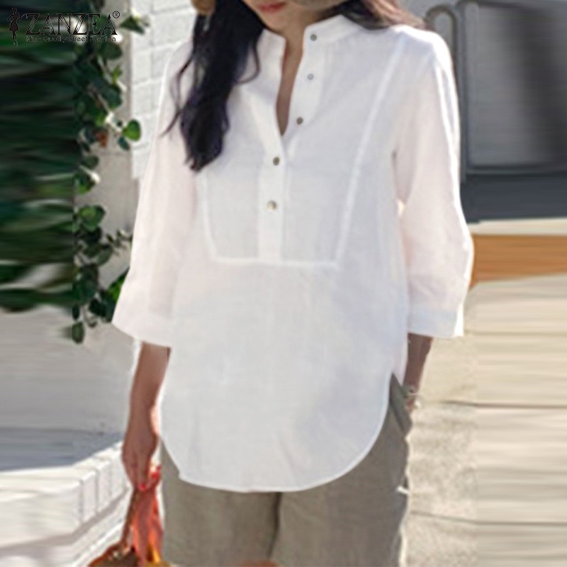 Áo sơ mi nữ ZANZEA bằng cotton tay dài màu trơn cài nút thời trang