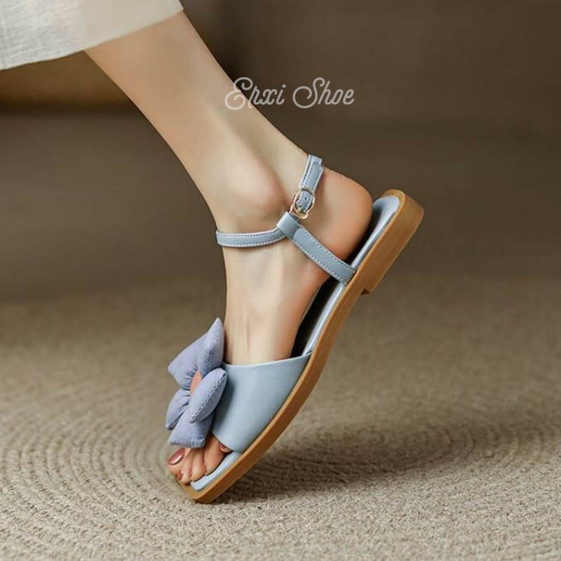 Oeggeo shop Dép Sandal Nữ Đế Bệt Gót Thấp Họa Tiết Hoa Màu Xanh Dương