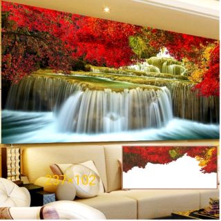 Tranh thêu chữ thập phong cảnh thiên nhiên thác nước rừng cây lá đỏ tuyệt đẹp khổ lớn kt 237×102cm