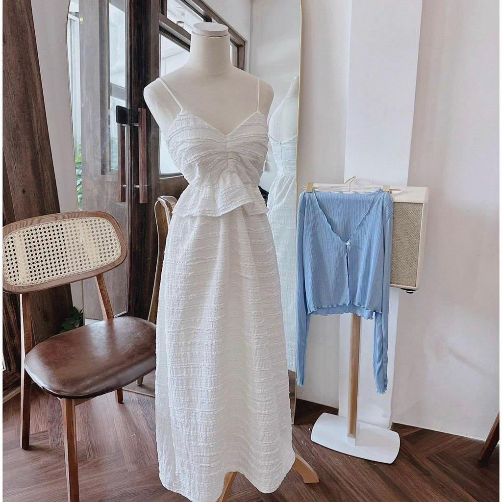 SET ĐẦM MAXI REN 2 DÂY NHÚN NGỰC + KHOÁC XANH