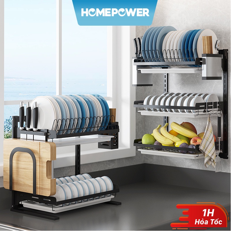 Kệ Để Chén Bát Treo Tường/Để Sàn Đa Năng Homepower Inox 201 Sơn Tĩnh Điện Cao Cấp, Có Khay Hứng Nước Tiện Lợi