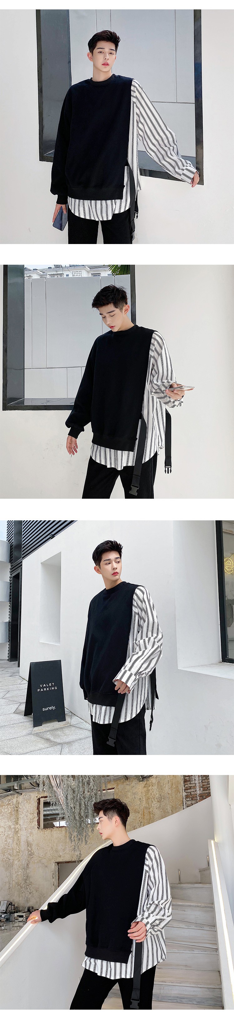 Áo Sweater Dáng Rộng Kẻ Sọc Giả Nhiều Lớp Thời Trang Mùa Thu Cho Nam