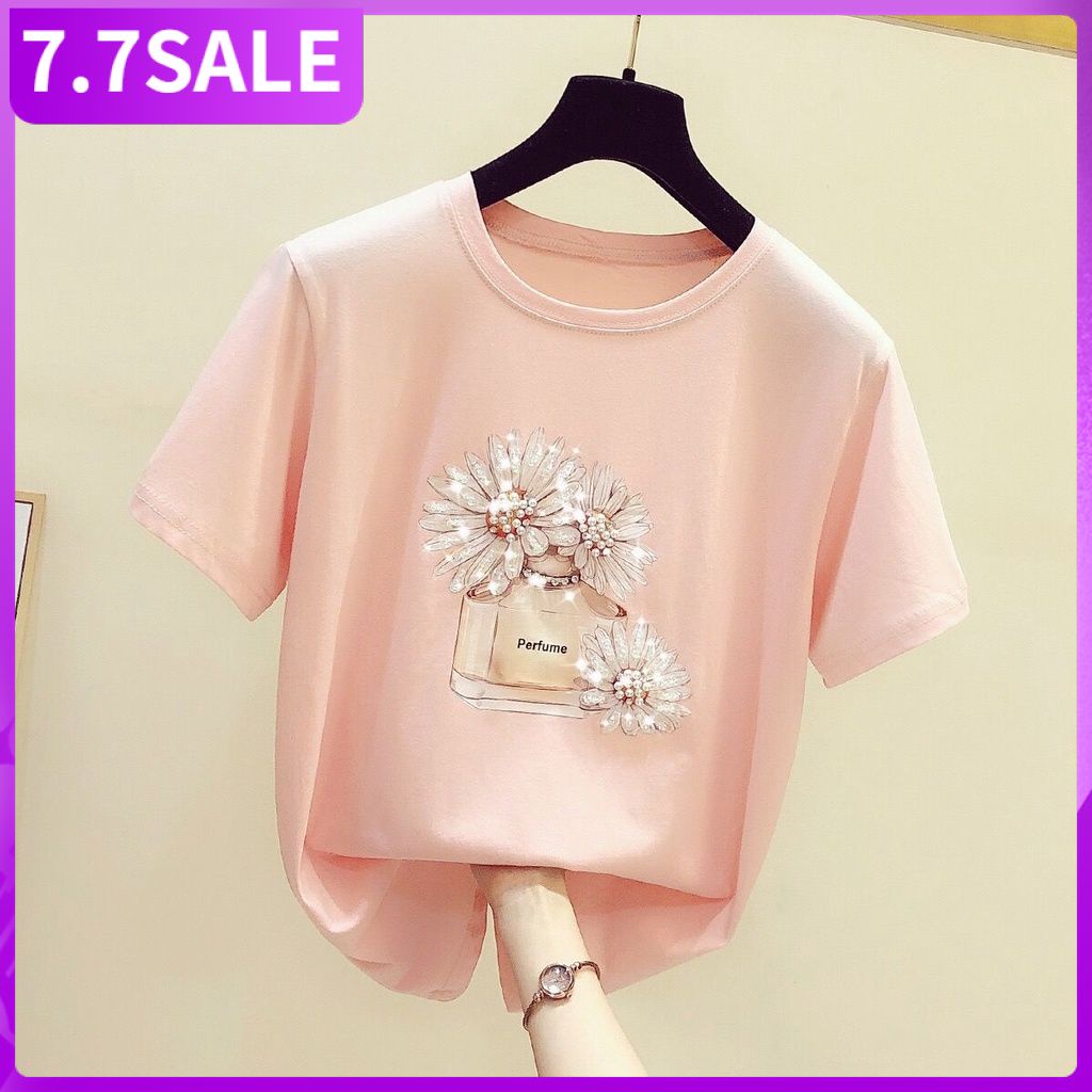 Áo thun ngắn tay in hình hoa cúc nhỏ thời trang mùa hè Hàn Quốc hạt cườm nhỏ 100% cotton