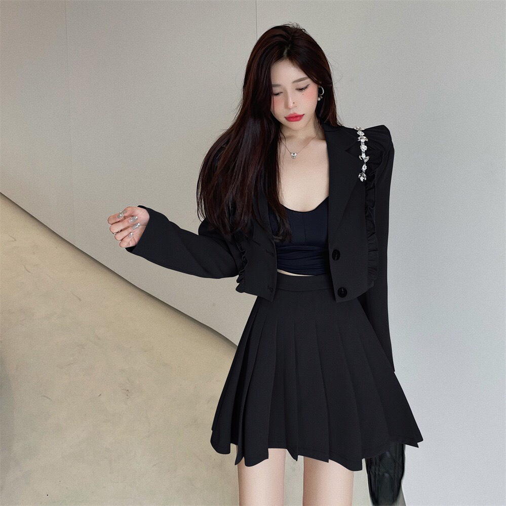 Sét bộ tiểu thư , Sét áo vest croptop blazer và chân váy xếp ly cực sang chảnh