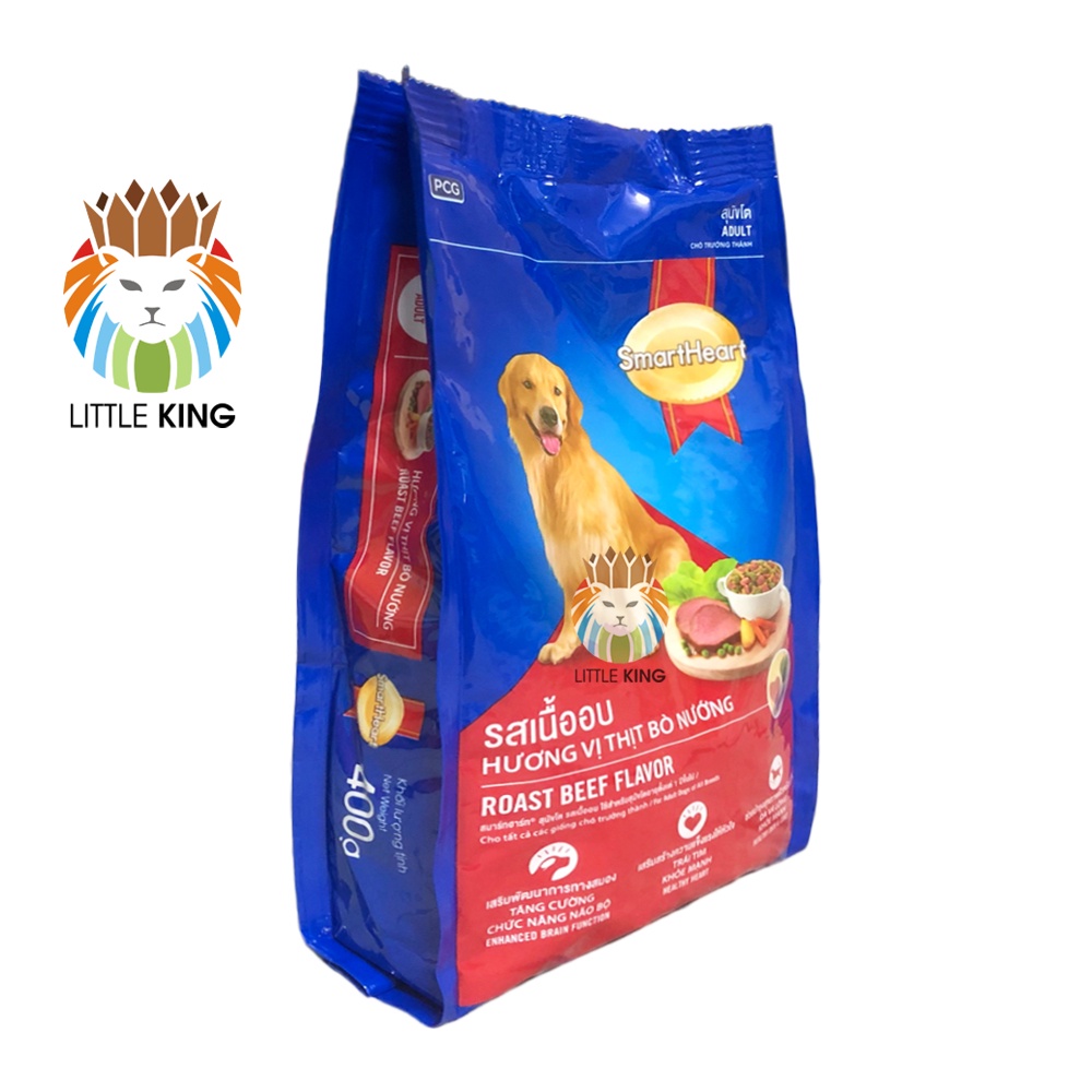 Thức ăn cho chó lớn trên 1 tuổi Smartheart Adult vị thị bò gói 400gr, Thức ăn hạt cho chó giá rẻ Little King pet shop