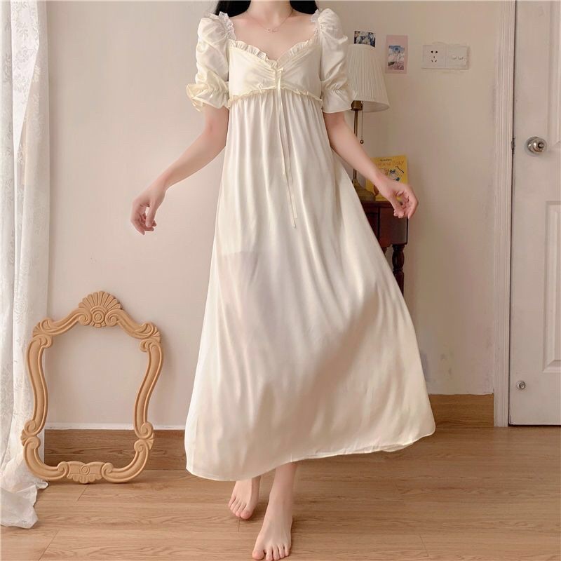 Váy ngủ tiểu thư tay bồng cổ vuông trơn lụa satin cao cấp quảng châu
