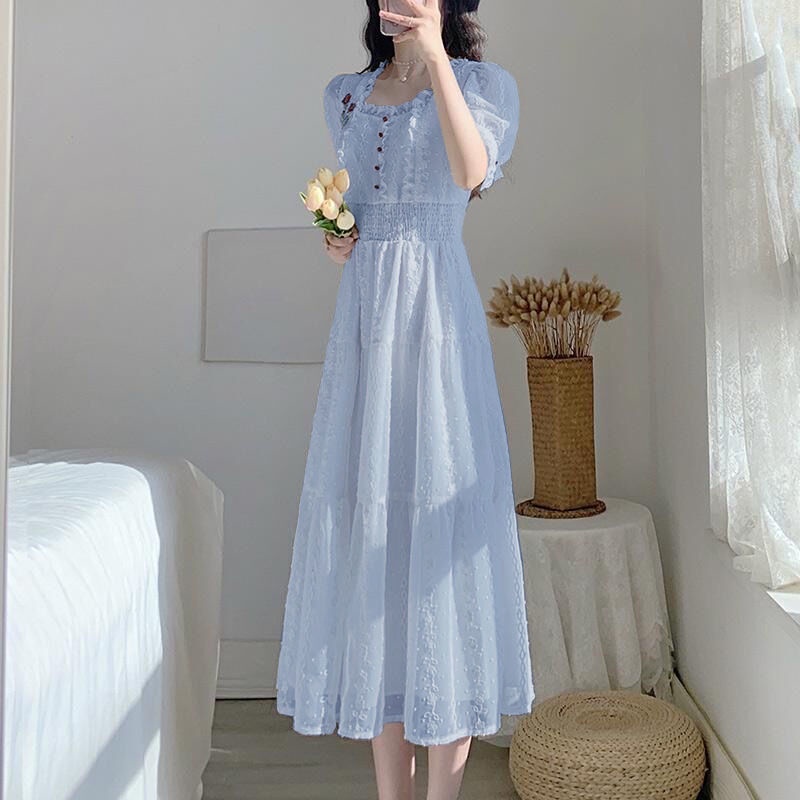 Đầm Dài Dáng Ôm Phối Ren Thêu Họa Tiết Phong Cách Pháp Cổ Điển Thời Trang Cho Nữ