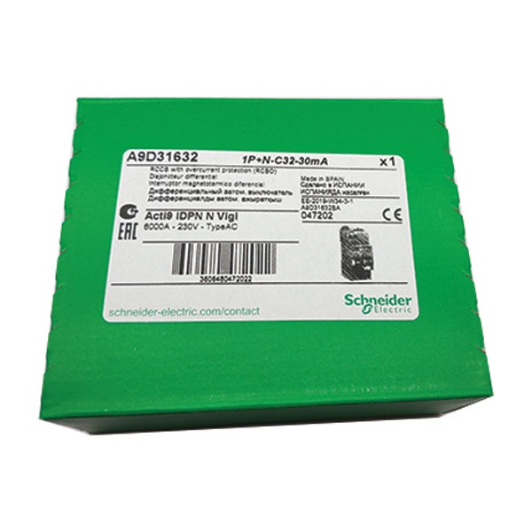 Cầu dao chống dòng rò Schneider A9D31632 Acti9 RCBO, 1P+N, 32A, 6kA, 30mA | Aptomat chống giật Schneider A9D31632