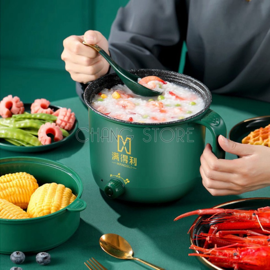 ( Màu Xanh )Ca Nấu Mì , Nồi Lẩu Mini, Nồi Nấu Đa Năng Có Tay Cầm 1,8L- Nồi Lẩu Điện 2 Nấc Nhiệt Mẫu Mới 2021 Kèm Giá Hấp