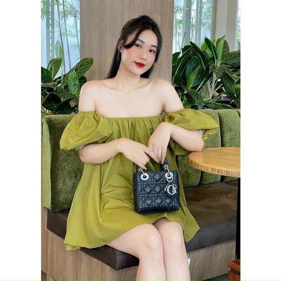 Áo trễ vai tay bồng lỡ- đầm babydoll  giấu quần hở vai màu XANH CỐM chất thô mềm phong cách ulzzang . MET SHOP