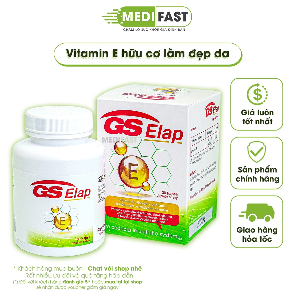 Viên uống Đẹp da, căng mịn Vitamin E 400IU GS Elap, nhập khẩu từ Châu Âu, hộp 30 viên bổ sung vtm Enat hữu cơ