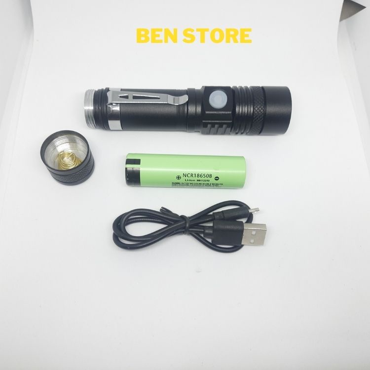 Đèn pin siêu sáng T6 cầm tay sử dụng pin sạc 18650 sạc USB micro.