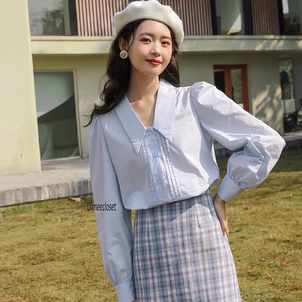 Áo sơ  mi xếp ly tay dài Uimeecloset chất liệu kate Hàn freesize SM02