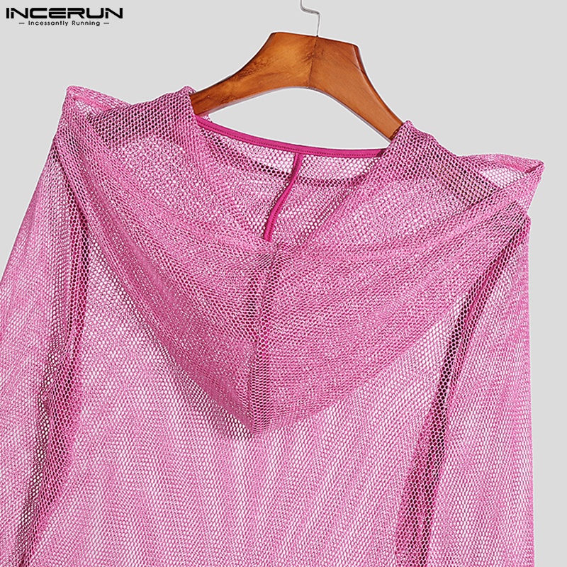 INCERUN Áo Hoodie Ngắn Tay Họa Tiết Kẻ Sọc Phối Tua Rua Thời Trang Dự Tiệc Cho Nam