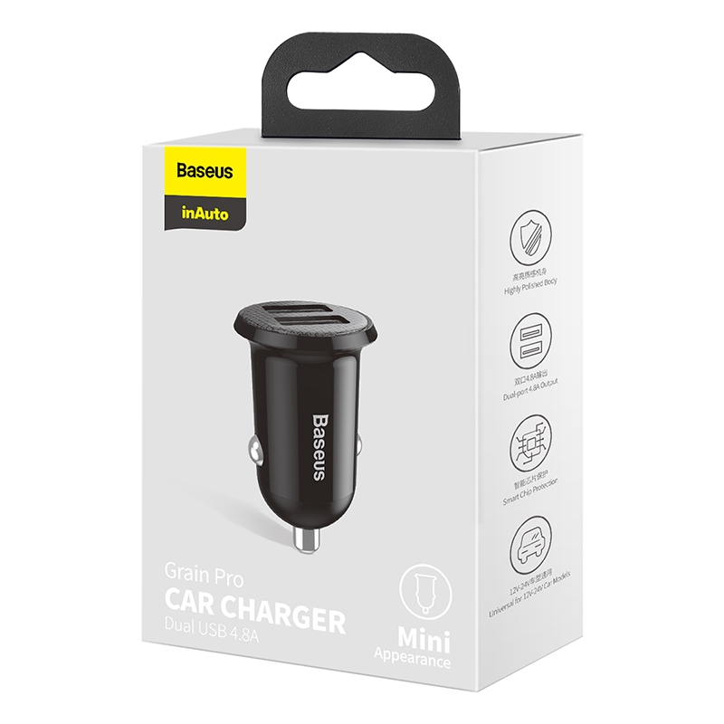 Tẩu Sạc Baseus Mini Cho ĐT táo12/Xiaomi/Samsung/Huawei Cổng USB Kép 2.4A Dùng Trên Xe Ô Tô