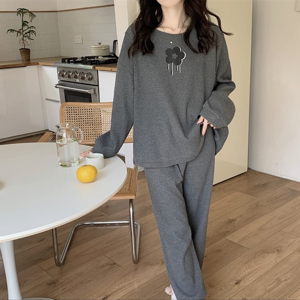 Đồ bộ bầu và sau sinh cho con bú thu đông họa tiết bông hoa quần có chun cúc điều chỉnh tiện lợi, chất cotton cao cấp